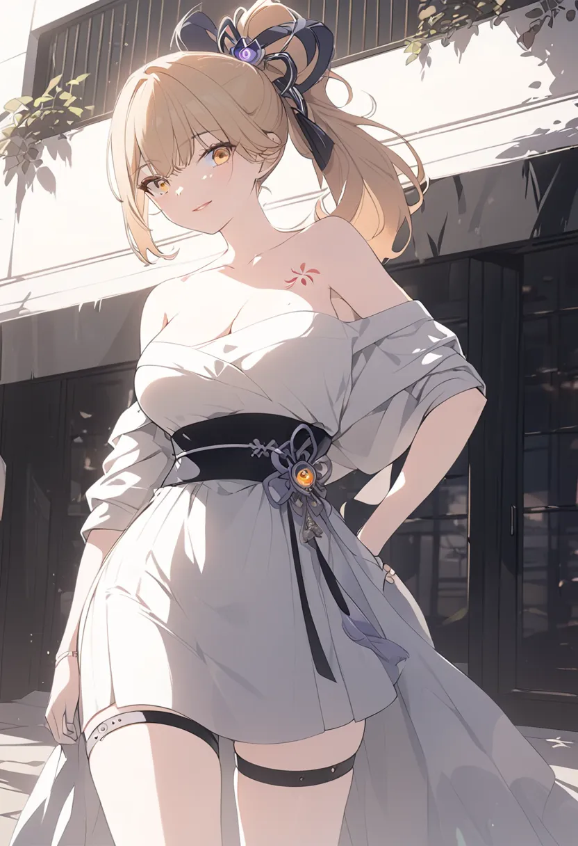 woman wearing a white off shoulder shirt and white skirt, standing outside a cafe, posing, pretty lipstick, gentle smile, natura...