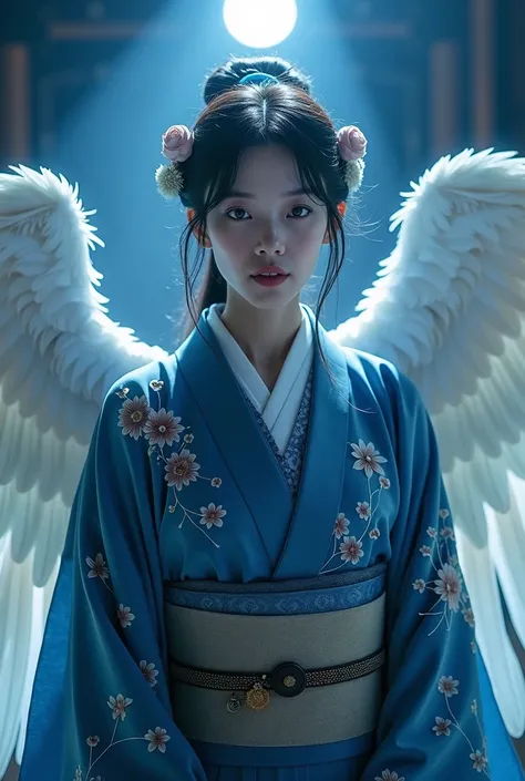  watch viewers、 A beautiful angel wearing a richly embroidered kimono in the dark blue of Japan、Background with the image of one white Mercury 、 High Quality 、High image quality、delicate、 real