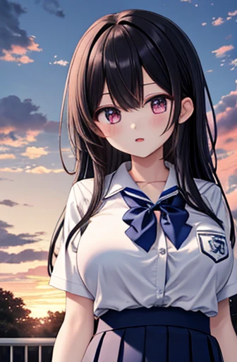 {  Masterpiece }, {  best quality }, 1 girl,School_uniform,sunset, big breasts、 black hair long hair, big breasts、