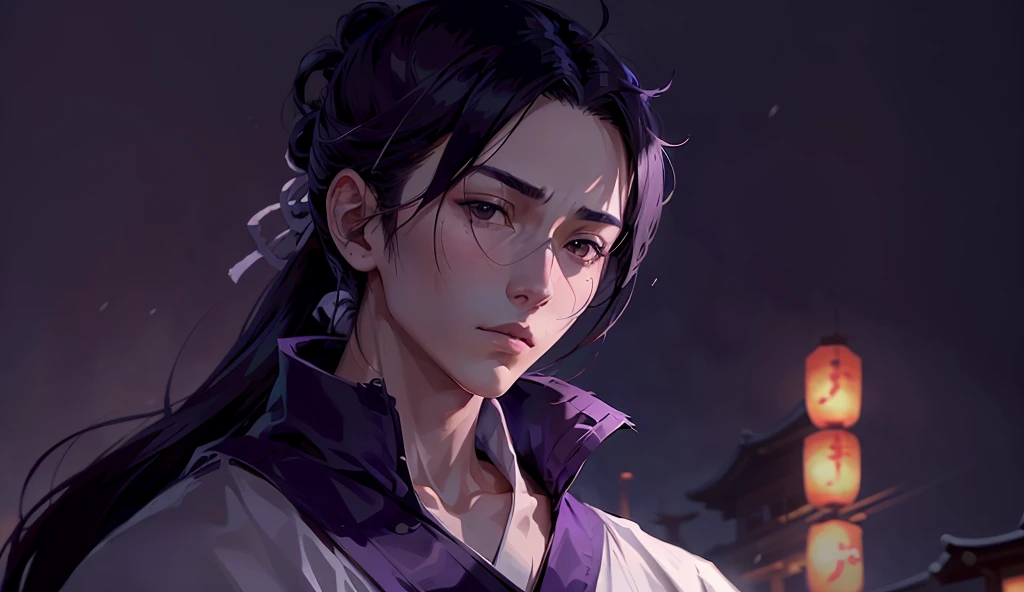 a serious and mysterious young samurai without mask with long and ruffled hair up to his neck without being tied, wearing white and purple clothes , with white background,  looking at the camera from the front, Hes not wearing mascara , A Japanese warrior ...