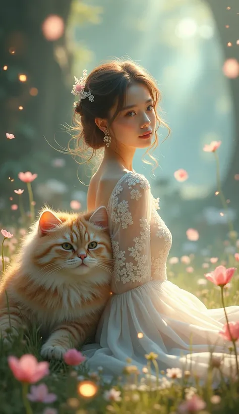 High resolution, bright 
A beautiful lady and a super big adorable cat , wearing white long sleeve dress fairy , in a magical , photography, realistic, highly detailed 
