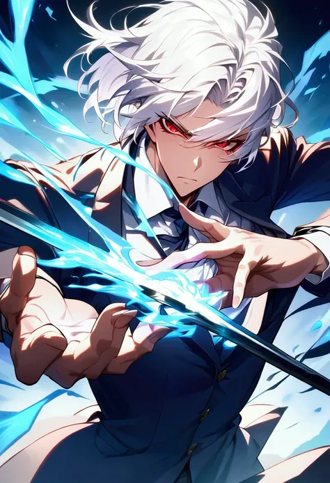 masterpiece, highest quality, Best quality, a male high school student, white hair, short and straight hair, holding a magic fire long sword, red eyes, dynamic pose, wearing a school suits, determined face, fainthearted character