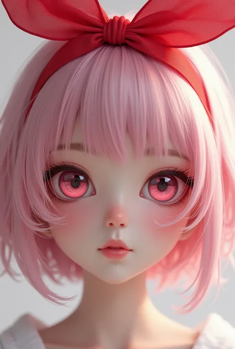 Realistic, realistic texture, A teen girl with bob light pink hair ,red ribbon on hair, hair and pink eyes and she has White skin 