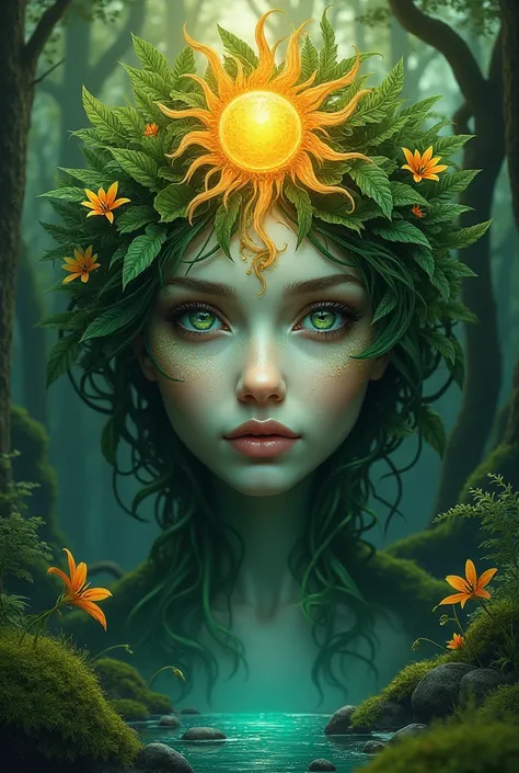 Create the face of a gorgeous forest goddess. Her face is made entirely of forest.. Her eyes are tears, rivers of the magical forest. She is so beautiful. Her crown is the rising sun. Her delicate skin is made entirely of plants.

