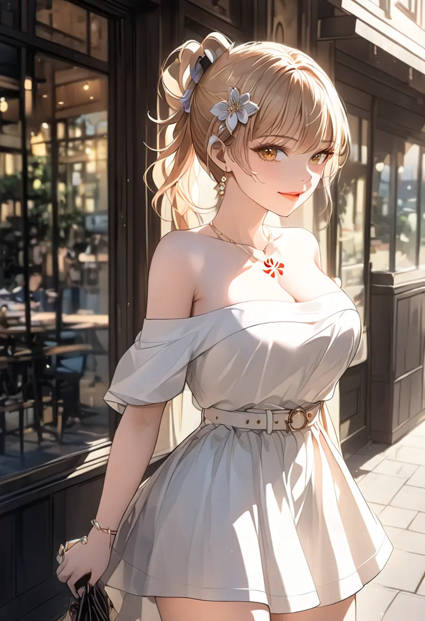 woman wearing a white off shoulder shirt and white skirt, standing outside a cafe, posing, pretty lipstick, gentle smile, natura...