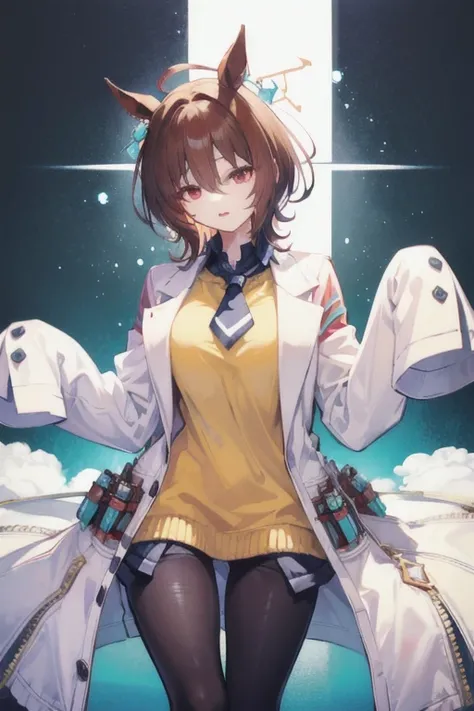  agnestachion 、Horse Girl、One person、 girl、Horse ears、Horse tail、 earring on one side 、Red eyes、I have lines in my eyes 、 shorthair、 brown hair、Jacket、（White:1.2)、(bigger sleeve than wrist :1.1)、 yellow big sweater、 ties、 black pantyhose、Stray hair、best qu...