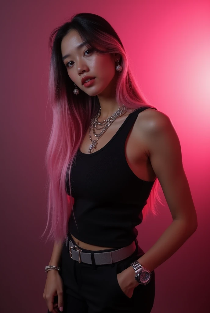 A PHOTO OF A BEAUTIFUL KOREAN WOMAN CHUBBY LOOKING AT THE CAMERA WITH LONG BLACK MIXED PINK HAIR, A BLACK TANK TOP ON TOP OF IT, BLACK PANTS UNDERNEATH, A BELT AROUND HIS WAIST. THERE ARE CHAIN NECKLACES AROUND HIS NECK, A GRAY LUXURY WATCH ON HIS WRIST, E...