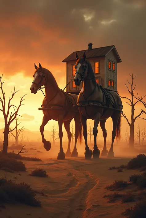 In the distance, two horses with very long legs pulling gigantic carts in the shape of a classic house crossing the desolate desert full of fallen and dry trees on a very dark sunset, all in a very realistic way.