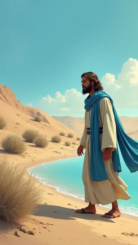 Jesus in blue scarf, walking beside a almost dried lake, sand bush, desert environment, blue sky 