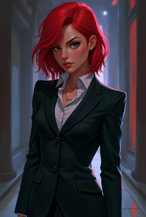 Girl in suit with red shoulder length shaggy cut hair. In Arcane style