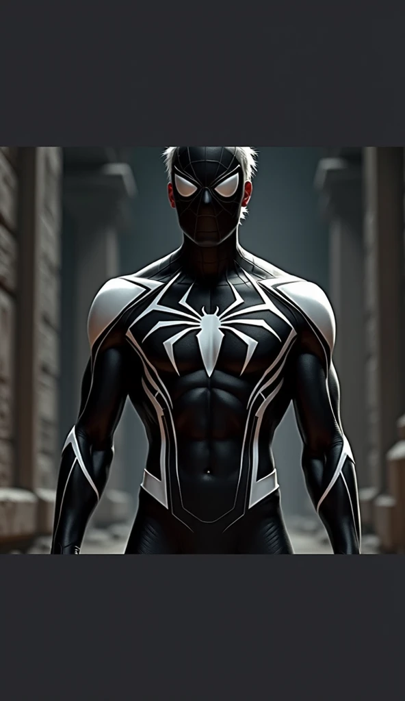 Spider-Man costume de couleur noir et blanc, cheveux de couleur blanc