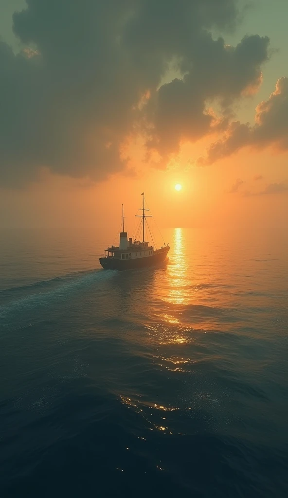  "A haunting visual of a lone search ship adrift on the vast, empty Pacific Ocean at sunset. The ship is surrounded by endless water, with no sign of Amelia Earhart’s plane in sight. The horizon is distant and unclear, emphasizing the mystery and uncertain...