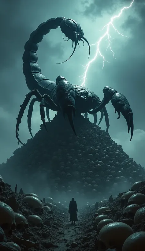 "Create a cinematic, intense scene of a colossal scorpion standing triumphantly atop a massive pile of skulls. The scorpion has an imposing, sleek exoskeleton, dark and menacing in color, with sharp, curved pincers and a long, arched tail raised high, its ...