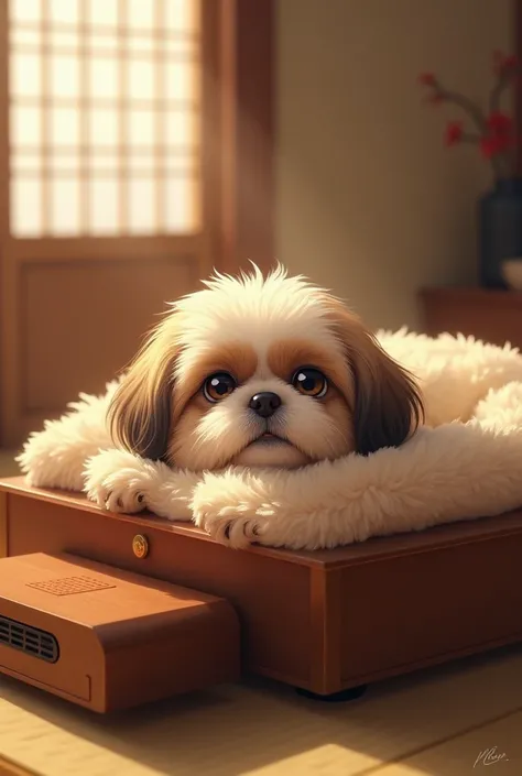 Shih Tzu getting inside a kotatsu