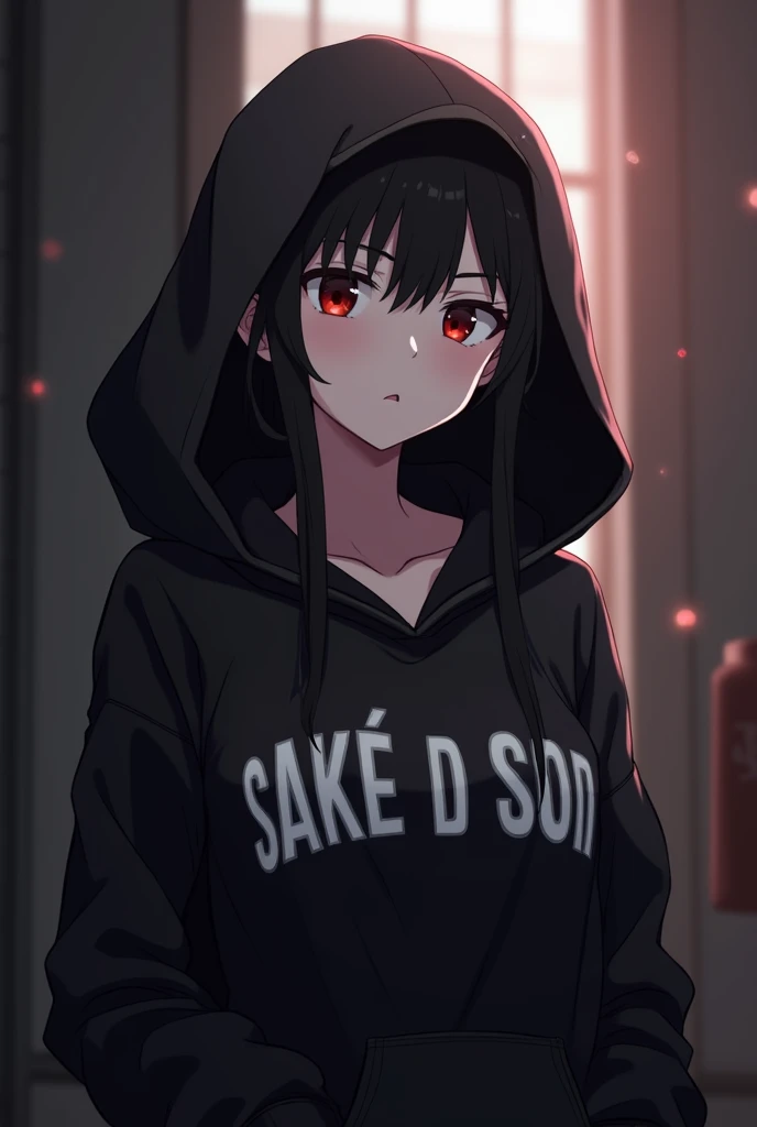 anime girl in black hoodie with white lettering on chest, sie boob, noire moody scene, noire, anime moe artstyle, seductive anime girl, oppai, revealing clothes, black haired girl wearing hoodie, big breasts!, with a large breasts, in a hoodie, roguish smi...