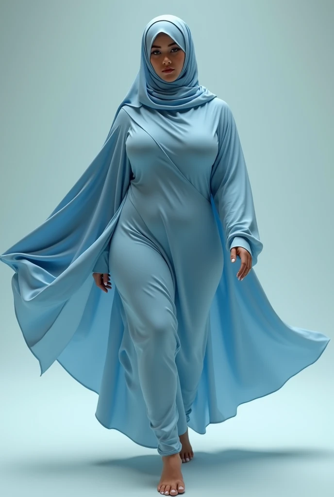 Huge breast Hot woman walking with a hijab and light blue clothes