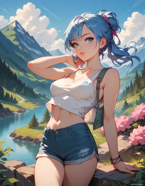 sexy girl with blue hair, tank top, medium breasts, side breasts, shorts, adventurous, fantastic natural landscape background