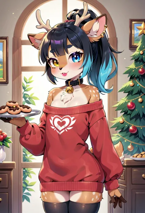 (deer girl, deer antlers, anthro, fur tufts, fluffy fur, furry, loli body, loli height, flat chest, chest fur, loli face, heterochromia, multicolored hair, ponytail, piercing, black makeup, black lipstick, tattoo, gold jewelry, collar, hanging large long s...