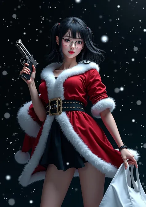 Christmas Night、 its snowing 、1 Japanese girl in Santa Claus costume,Alone, Glasses、 smiles lightly, Hold a gun, Black Hair Color, unique hairstyle,  perfect eye details ,  black background、(masterpiece:1.1), ( best quality:1.1),  full body,  shorthair,  g...