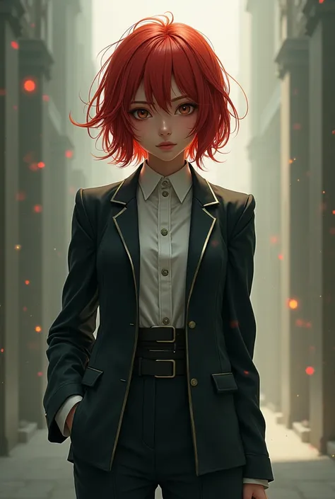 Girl in suit with red shoulder length shaggy cut hair. In Arcane style!!! Make her with sprinkles and A bit realistic 