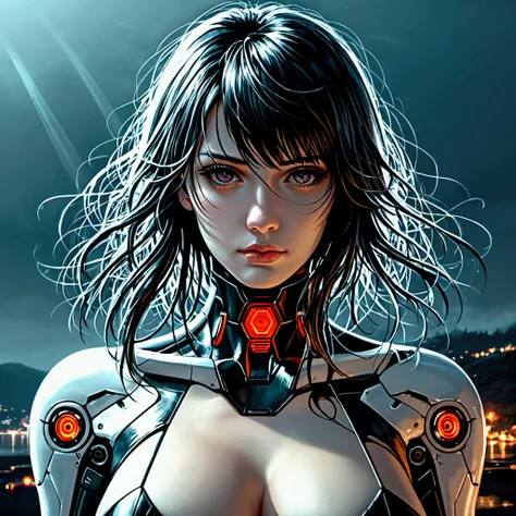 cyberpunk, mecha, cyborg, Motoko Kusanagi, female protagonist, cyborg female warrior, detailed cybernetic body, hyper realistic, hyper detailed, extremely detailed face, intense battle damage, right side of face ripped off, right arm busted gone below elbo...