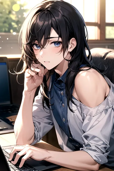 cute boy with shoulder length hair playing a game on laptop computer focused expression  best quality, hires, detailed face, detailed background, diffused sunlight, depth of field, bokeh