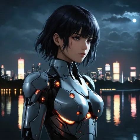 cyberpunk, mecha, cyborg, Motoko Kusanagi, female protagonist, cyborg female warrior, detailed cybernetic body, hyper realistic, hyper detailed, extremely detailed face, intense battle damage, right side of face ripped off, right arm busted gone below elbo...