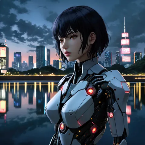 cyberpunk, mecha, cyborg, Motoko Kusanagi, female protagonist, cyborg female warrior, detailed cybernetic body, hyper realistic, hyper detailed, extremely detailed face, intense battle damage, right side of face ripped off, right arm busted gone below elbo...