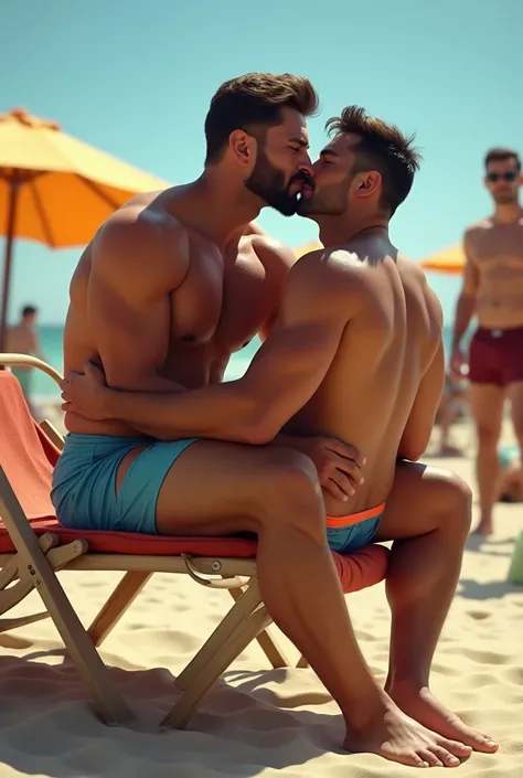 Let there be two men . They put on their bathing suits on the beach and let one sit on the deck chair on top of the other and have our two men kiss while everyone looks at them