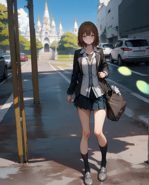 young woman, walking near cars, carrying bag, wet road, {swept-side bang, brown hair}, {black long sleeves blazer, white and black deep neck undershirt, denim pencil pleated mini skirt, black socks, gray shoes}, BREAK, (1girl, solo, full body, looking at v...