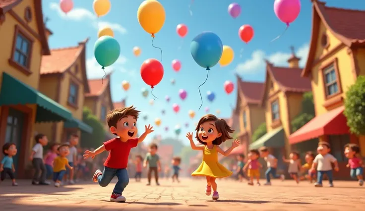 "A dynamic Disney-style 3D animation of the village square in complete chaos, filled with colorful balloons floating in every direction. Timmy is running with a balloon in hand, his red t-shirt fluttering as he laughs, while Emma is blowing up another ball...