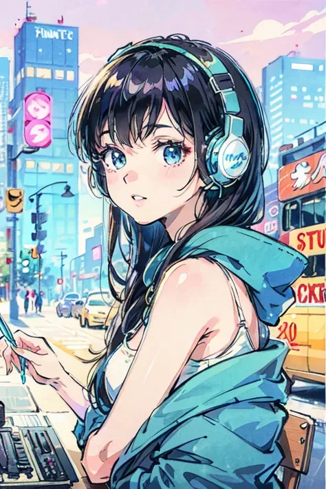  studying、Woman wearing headphones、 nostalgic 、The background is the station、 80s city pop style illustration