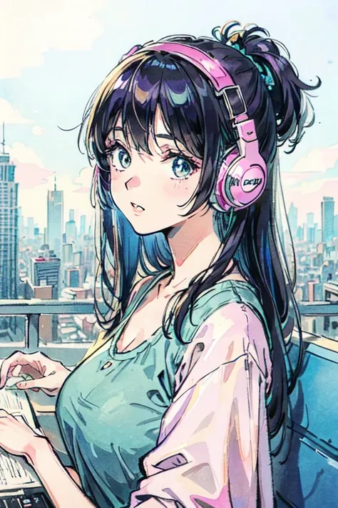  studying、Woman wearing headphones、 nostalgic 、The background is the station、 80s city pop style illustration