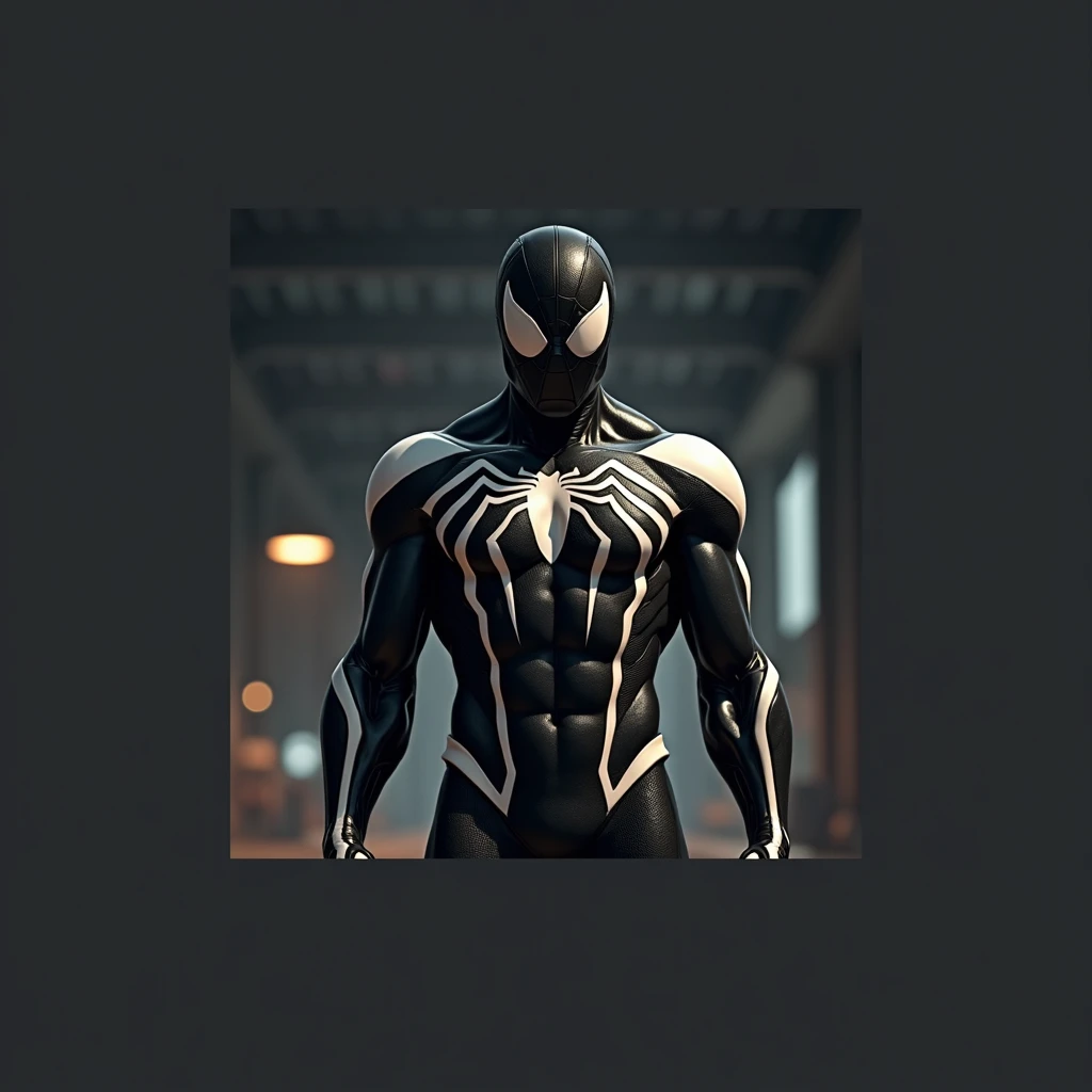 Spider-Man costume de couleur noir et blanc, musclé, costume texture symbiotique