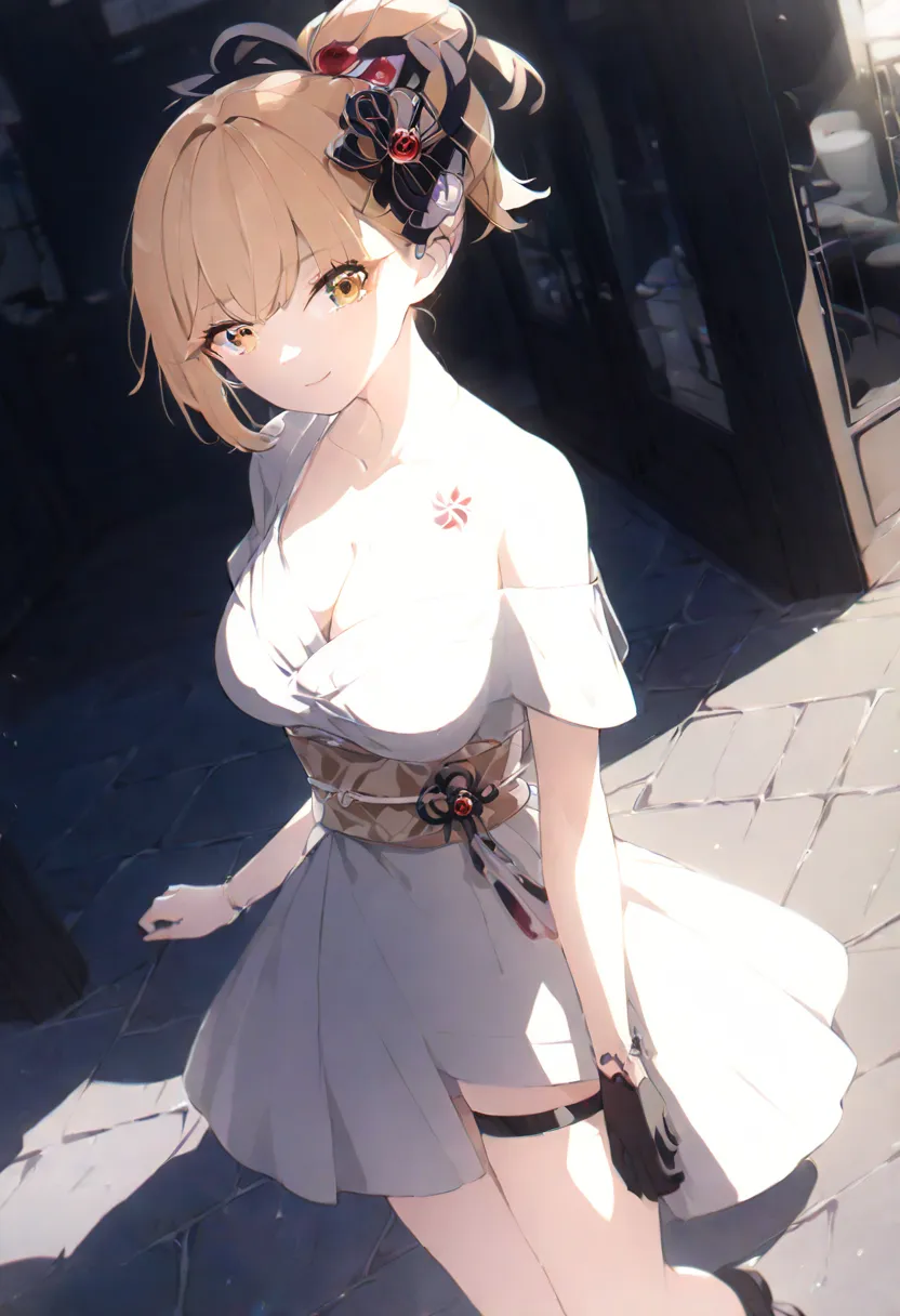 woman wearing a white off shoulder shirt and white skirt, standing outside a cafe, posing, pretty lipstick, gentle smile, natura...