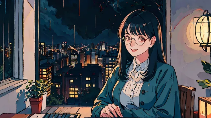 Girl, dark hair, glasses, smiling, revealing attire, night, rain, beautiful woman in her 20s, sitting by window at computer.