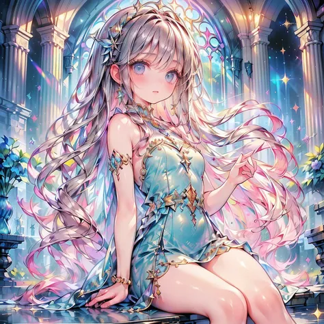 1girl,((( best quality、 greatest masterpiece、 Official Art、 super detailed、 high definition、HHD,32K)))、 ((( long lashes、Beautiful sparkling eyes)))、 Masterpiece 、Chained to delicate expressiveness 、sea、Beautiful girl sitting inside an open seashell、Mysteri...