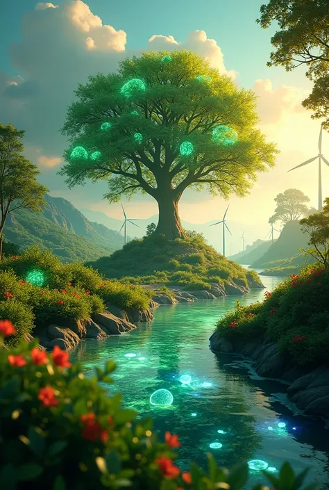 An eye-catching and vibrant scene set in a lush, green landscape where synthetic biology is actively restoring the environment. In the center, a large, glowing tree with bioluminescent leaves symbolizes the power of bioengineering, thriving in a once-pollu...