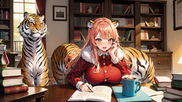 embarrassed woman having big tits, tiger with a clear and detailed face, animal, doll, one room, warm, studying, books, coffee