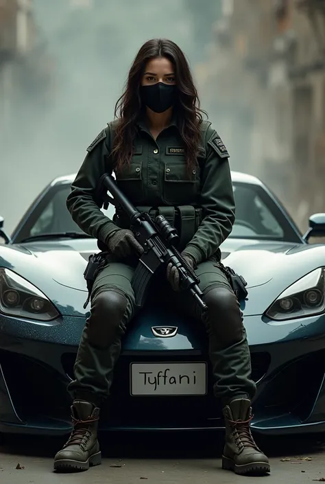 Une femme masquée en tenue militaire assise surr le capot dune voiture de sport, un fusil  dassaut FAMAS a la main, le prénom "TYFFANI" écrit sur la plaque dimmatriculation 