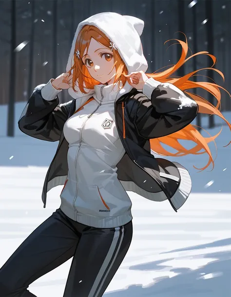  score_9, score_8_up, score_7_up, (solo), 1girl, ((inoue orihime)), orange hair, medium breast, outdoor, bleach , jacket, hoodie, ((pose)), snow, trousers
