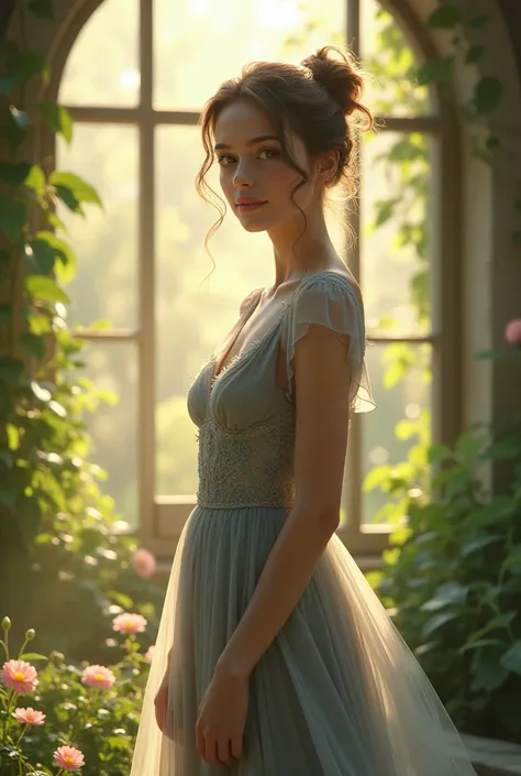 Beautiful girl in gray powered 
 Dress on the glade of daylight from the window around the plant 