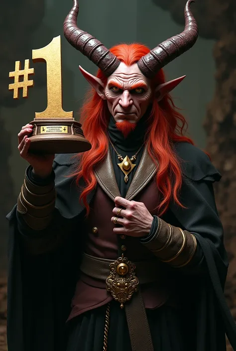  Sarcastic demon with long red hair, holding a number 1  