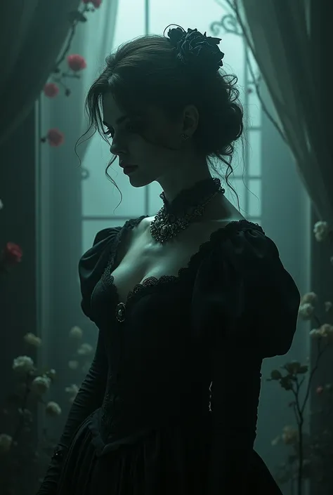 Emily Wolters in Victorian Horror style, draped in heavy shadows, lit by back lighting. Nostalgic, decaying floral details and fog add eerie elegance. Highly detailed 3D