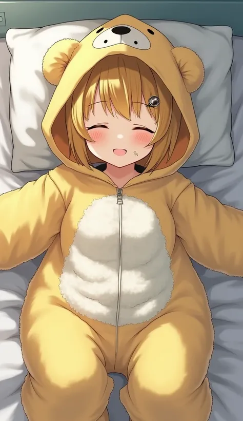  1 girl,  Grown Ups, bun hair ,Dark yellow hair, hospital bed ,Baggyな服, high definition , masterpiece, accurate,  very detailed,  textured skin, reality, fluffy pajamas, modest breasts, short hair , closed eyes,Fluffy,sleep, costume pajamas ,big hood,Baggy...