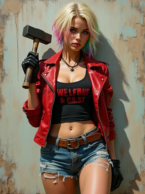   painting of a woman with a hammer and a red jacket ,  ripped denim shorts with brown leather belt and buckle ,  resting on a peeling and unpainted wall ,  bleached blonde hair with blue and pink , black top with letters in red ,  mechanical gloves cyberp...