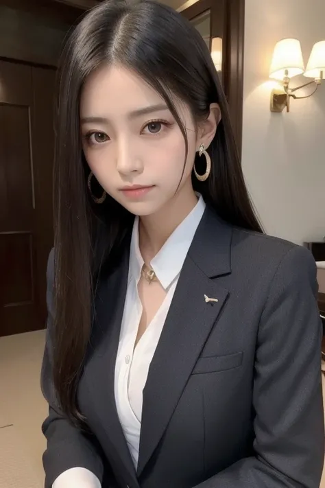  1 girl, solo,  high definition ,  long hair, chest,,  black hair,  earrings for a woman alone,  pretty girl　 the most beautiful woman in the world　president　suit　Rich　 Tall　Older sister　 Career Woman 　 and the nose is tall　Rinとしてる　大きなchest, masterpiece,  ...