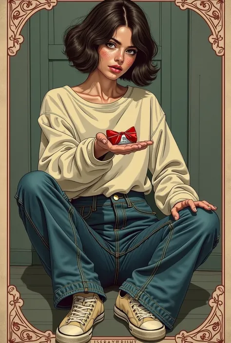 masterpiece,  Tarot Aesthetics ,  vintage line-art  vintage aesthetics,  Seductive Teenage Divas ,  Oversized Sweatshirt , High Waist Dark Wash Flare Jeans,  sneakers,, In Danger ,  Melancholy Poses ,  vintage,  Sexy and Curious ,  vintage line-art aesthet...