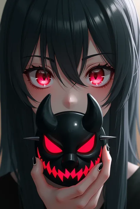 black red oni mask in hand ,half anime half real girl face close up