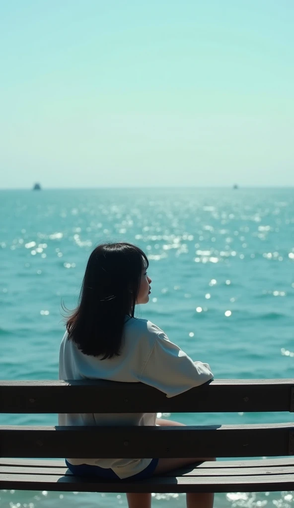 A girl sitting on a bench looking at the sea and thinking. As seen from the side.realstik.tiktok frame.